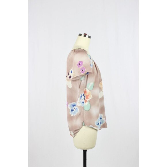 REBECCA TAYLOR Mauve Floral Print Silk Crepe V-Neck Blouse Top, Size 0 - Picture 2 of 11